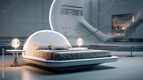 A futuristic bedroom with a levitating platform bed