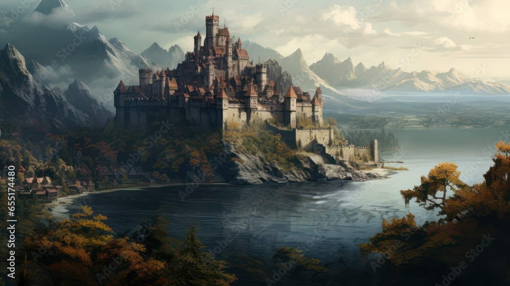 Big medieval castle at a lake created with Generative AI