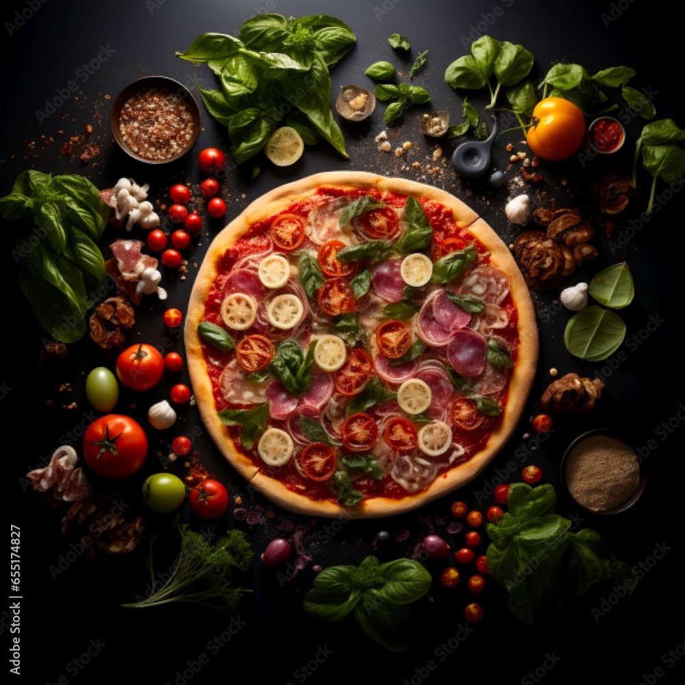 Circular frame made of fresh ingredients around delicious italian pizza over black counter Made with generative ai