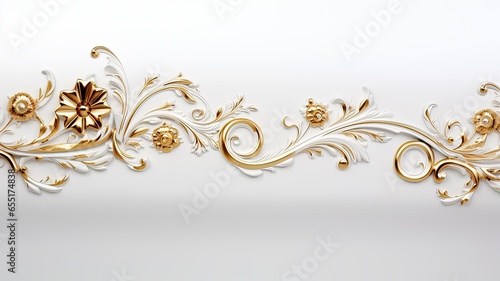 a rich golden baroque ornament delicately engraved on a pristine white background. The intricate details and lavish curves of the design exude opulence and sophistication.
