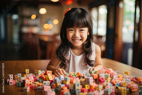 Asian girl playing with wooden cubes. AI Generated.