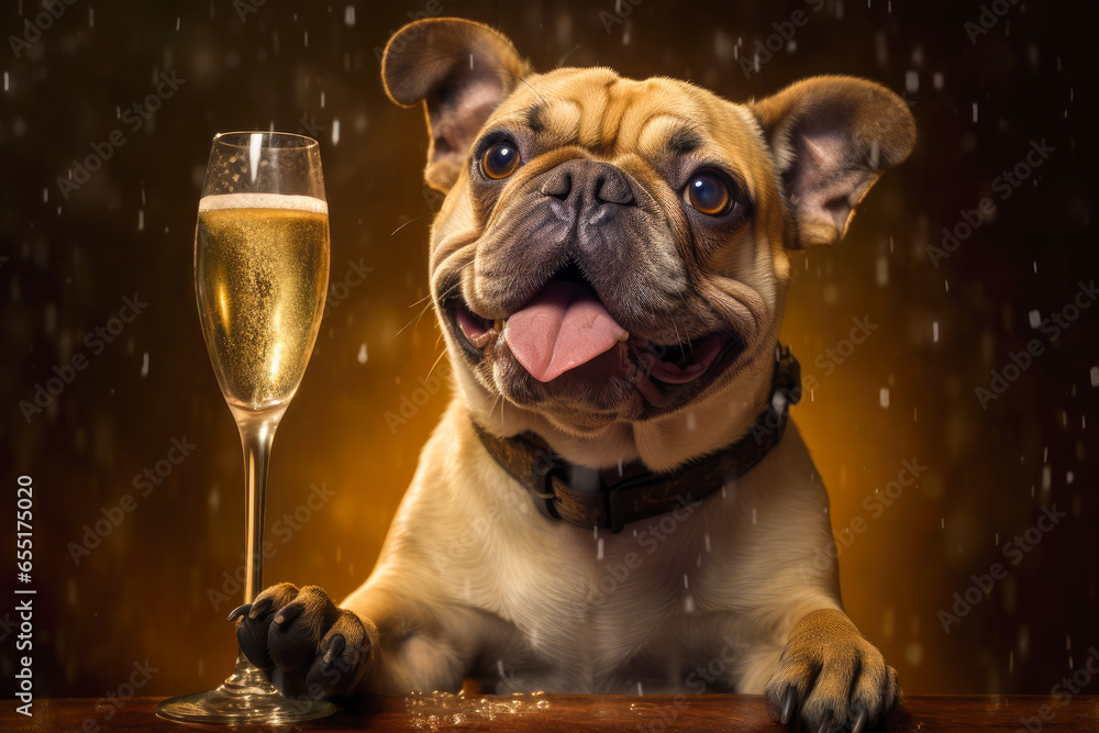 Bulldog holding a champagne glass celebrates the new year. - obrazy, fototapety, plakaty 