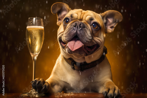 Bulldog holding a champagne glass celebrates the new year. © julijadmi