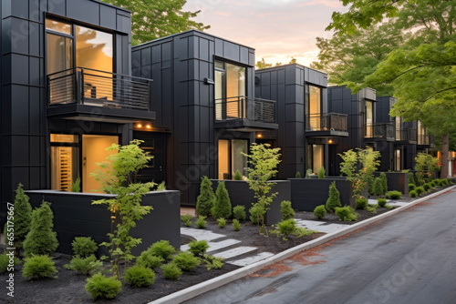 modern private black townhouses in background of beautiful view. Real estate concept for moving and purchasing. © cwa