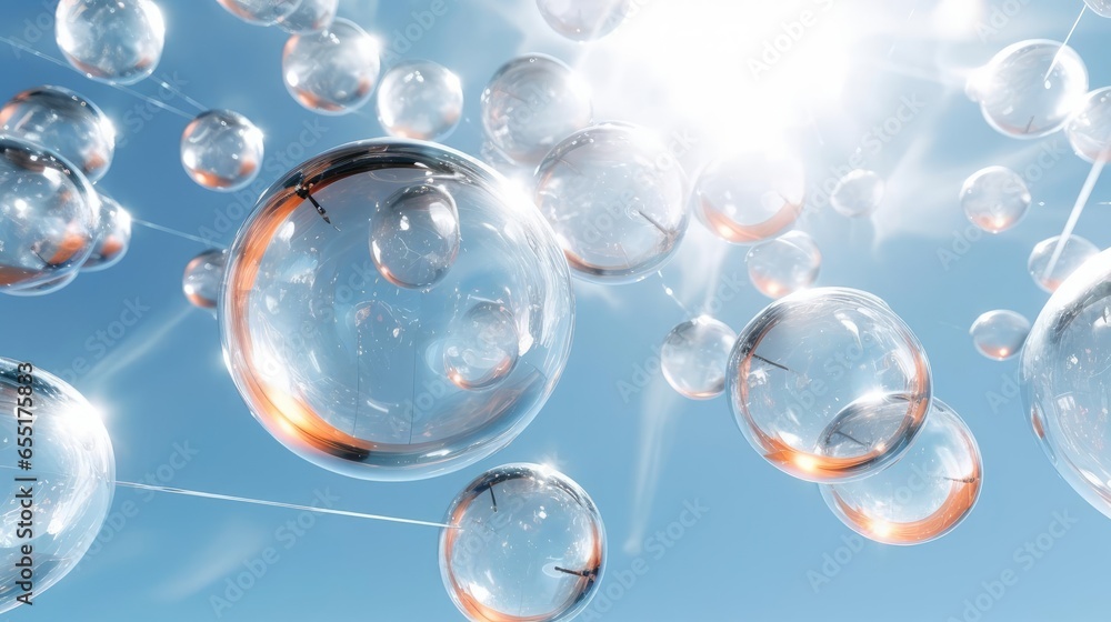 A group of transparent spheres in the air