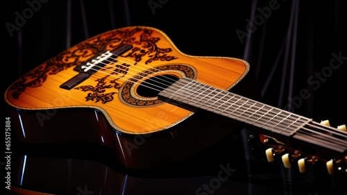 a classical guitar, dramatically lit against a deep black background, highlighting the intricate details of the instrument. The copious space to the side is perfect for adding text