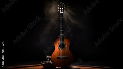 a classical guitar, dramatically lit against a deep black background, highlighting the intricate details of the instrument. The copious space to the side is perfect for adding text