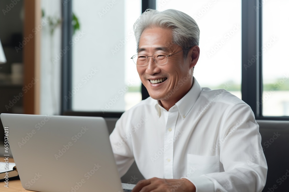 Senior asian man using laptop. AI Generated. Senior asian man using laptop. AI Generated.