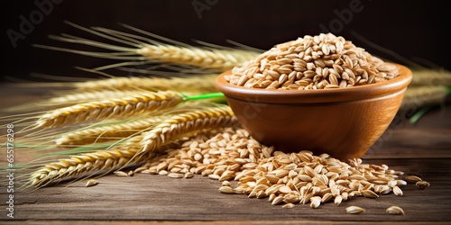 AI Generated. AI Generative. Golden yellow organic eco wheat grains seed on wooden table background decoration. Graphic Art
