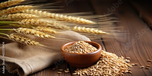 AI Generated. AI Generative. Golden yellow organic eco wheat grains seed on wooden table background decoration. Graphic Art