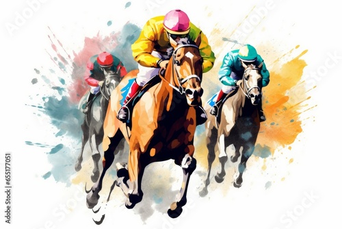 Abstract racing horse with jockey from splash of watercolors on white background. Illustration of paints. Generative AI  photo