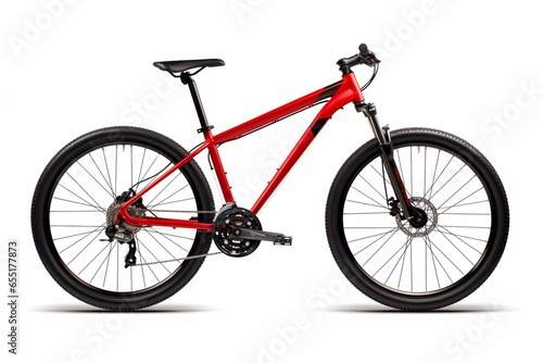 Mountain bike with red color, isolated on white. Speedy hardtail with robust suspension fork. Extreme sport cycle featuring double suspension & large disk brakes. Side view. Generative AI photo