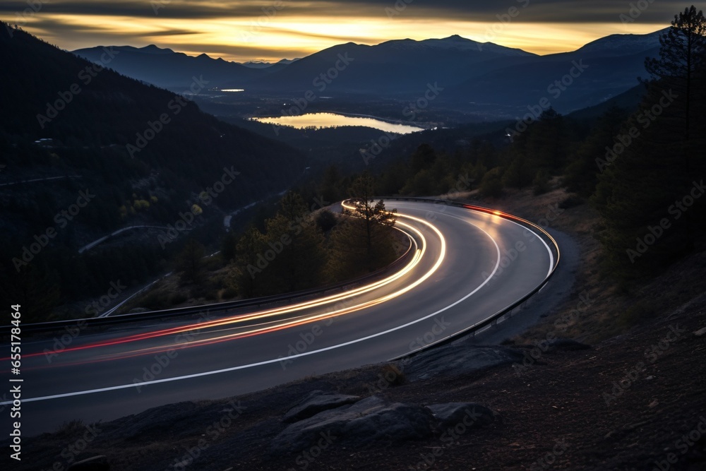 an electric car's silhouette, motion-blurred as it glides along a serpentine mountain path at dusk. The remaining sunlight casts a soft glow on the roadway