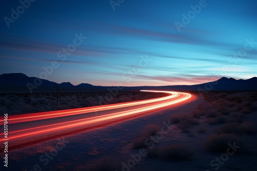 a streamlined electric vehicle leaving light trails on a desert highway, under a sky transitioning from sunset hues to the deep blues of night