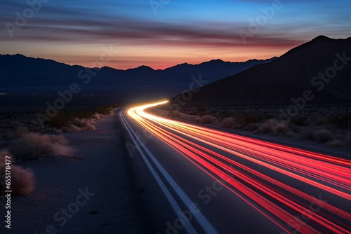 a streamlined electric vehicle leaving light trails on a desert highway, under a sky transitioning from sunset hues to the deep blues of night