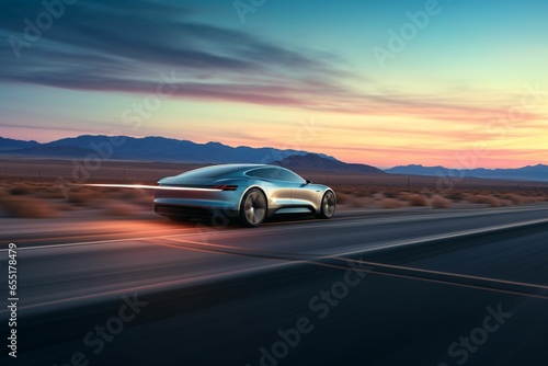 a streamlined electric vehicle leaving light trails on a desert highway, under a sky transitioning from sunset hues to the deep blues of night © Christian