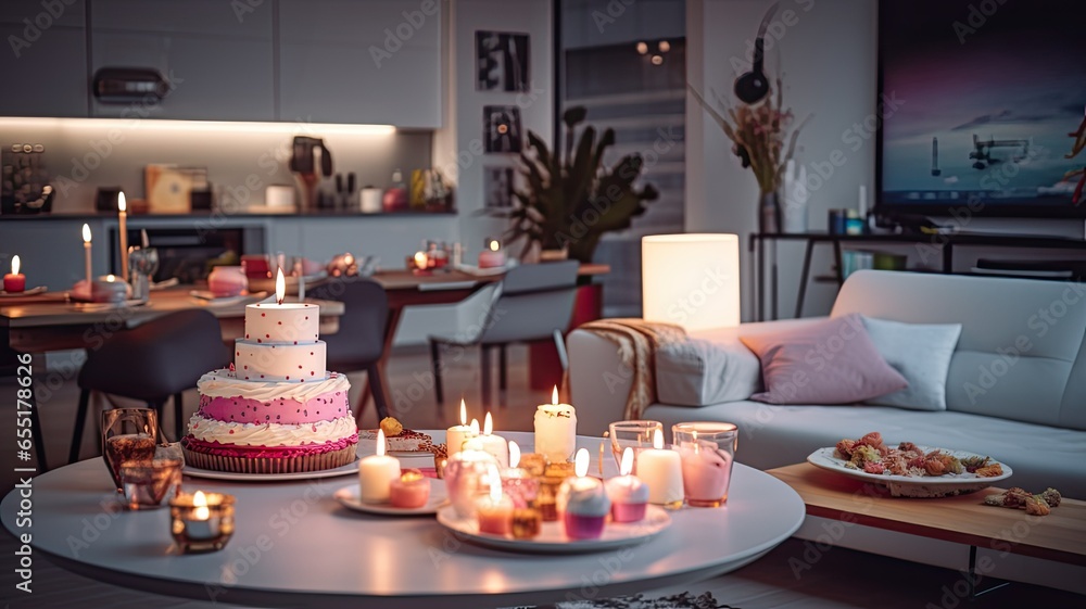 A beautifully decorated birthday cake with colorful candles and an assortment of sweets elegantly arranged on a white table in a modern, minimalist living room. The cake radiates joy and celebration.