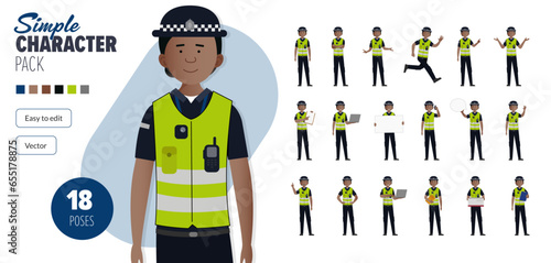 Simple flat 2d British police woman officer vector character in a set of multiple poses. Easy to edit and isolated on a white background. Modern trendy style character mega pack with lots of poses.