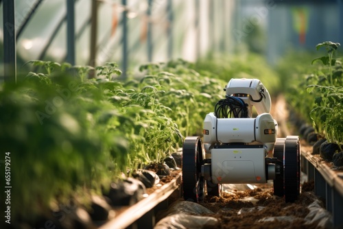Agriculture robotic and autonomous car working in greenhouse smart farm photo