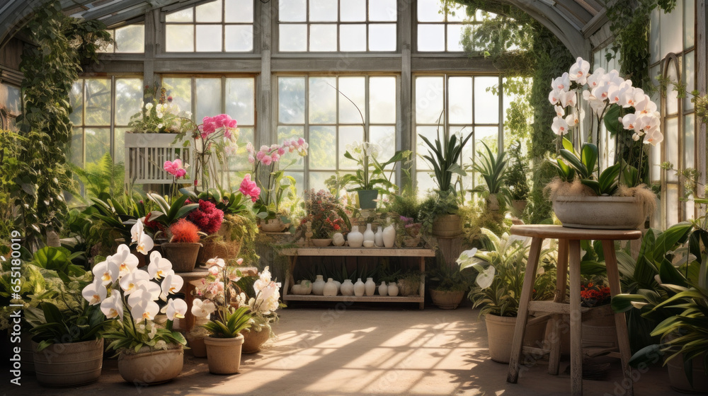 A greenhouse with rows of potted plants, a potting bench, and a glass ceiling