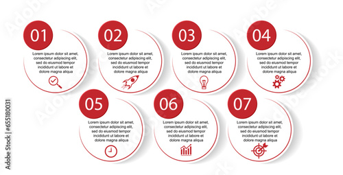 Business Infographic Design Template. minimal Timeline design with 7 marketing steps, options and icons. Vector linear infographic with seven circle connected elements. Can be used for your presentati