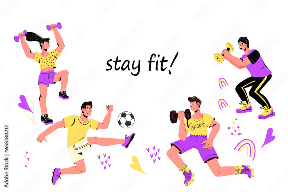 Stay fit and active banner or poster template, vector illustration isolated on white background. Stay fit advertisement for sport activity events and trainings. Stay fit and active banner or poster template, vector illustration isolated on white background. Stay fit advertisement for sport activity events and trainings.