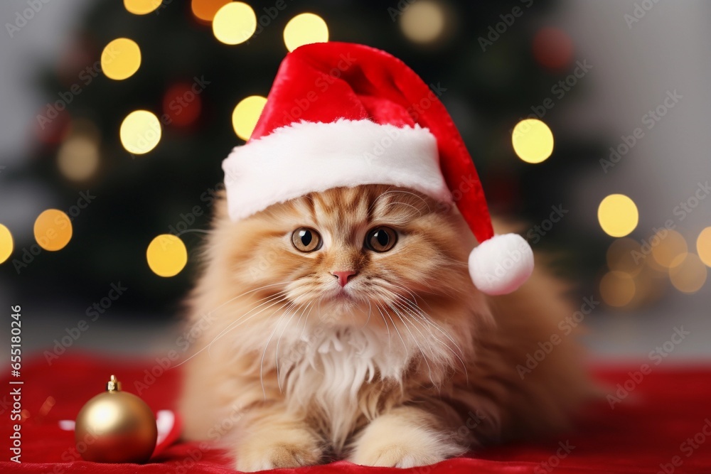 Fluffy cute kitten in Santa Claus hat in front of Christmas tree. Christmas and New Year celebration concept.