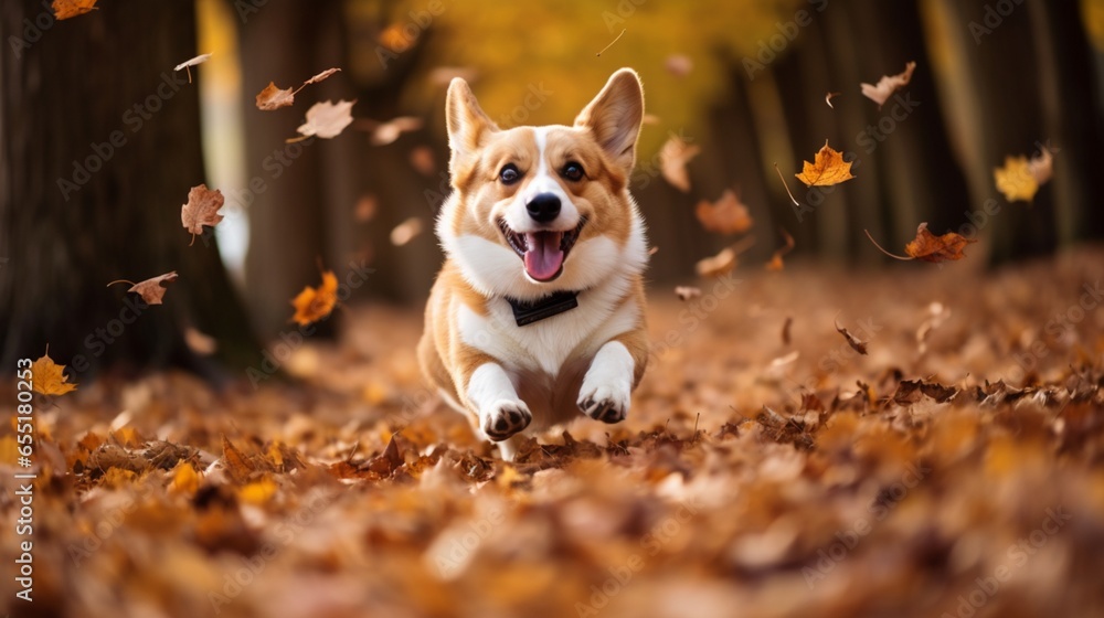 an image of an autumnal park, where a Corgi leaps through a carpet of fallen leaves, capturing the essence of seasonal joy
