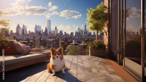 a chic city penthouse terrace with a Chihuahua overlooking a bustling metropolis, its small stature contrasted by a big city attitude