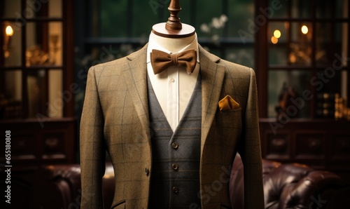 Photo of a stylish mannequin dressed in a dapper suit and bow tie