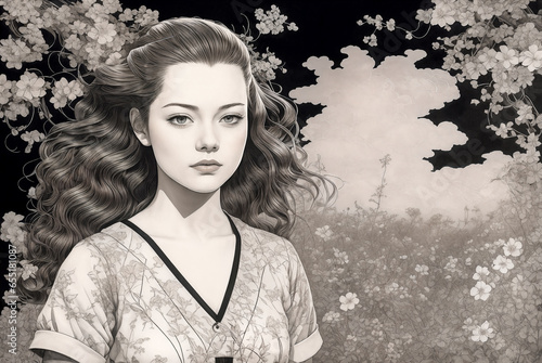 Portrait of a young woman with long hair. Pencil drawing.Digital creative designer fashion art drawing.