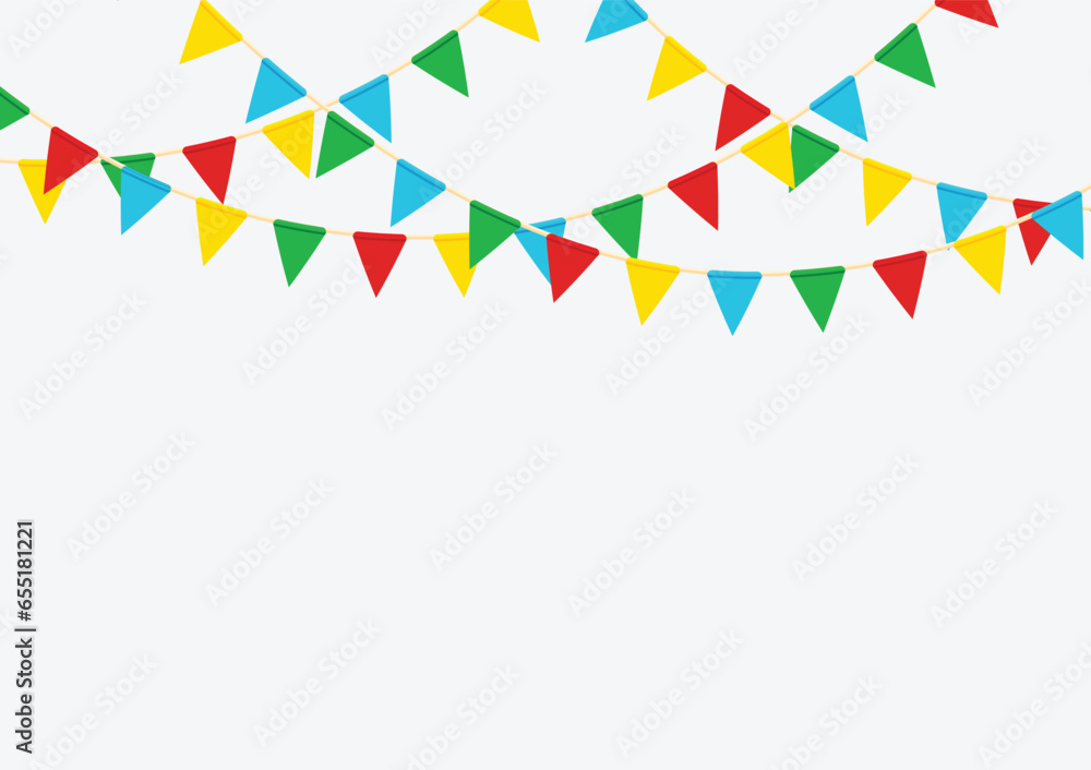 Colorful party garlands triangle flags hanging on white background with copy space, vector element, template illustration for backdrop, flyer, poster, web banner, invitation. Colorful party garlands triangle flags hanging on white background with copy space, vector element, template illustration for backdrop, flyer, poster, web banner, invitation.