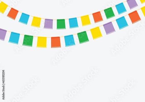 Colorful party garlands flags hanging on white background with copy space, vector element, template illustration for poster, web banner, backdrop, flyer, invitation.
