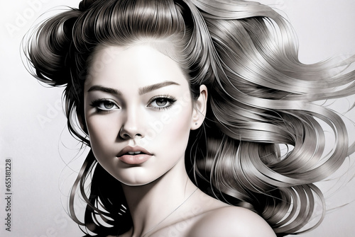 Portrait of a young woman with long hair. Pencil drawing.Digital creative designer fashion art drawing.