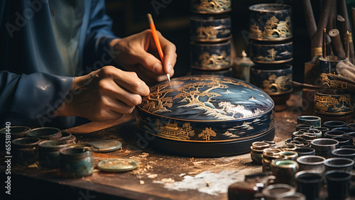 A craftsman making mother-of-pearl lacquerware photo