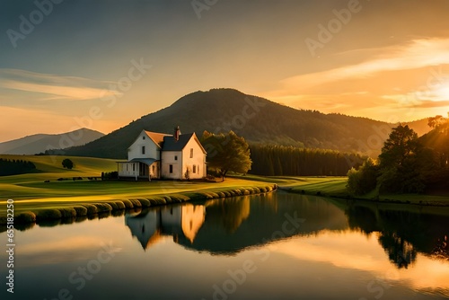 church in the mountains with lake
