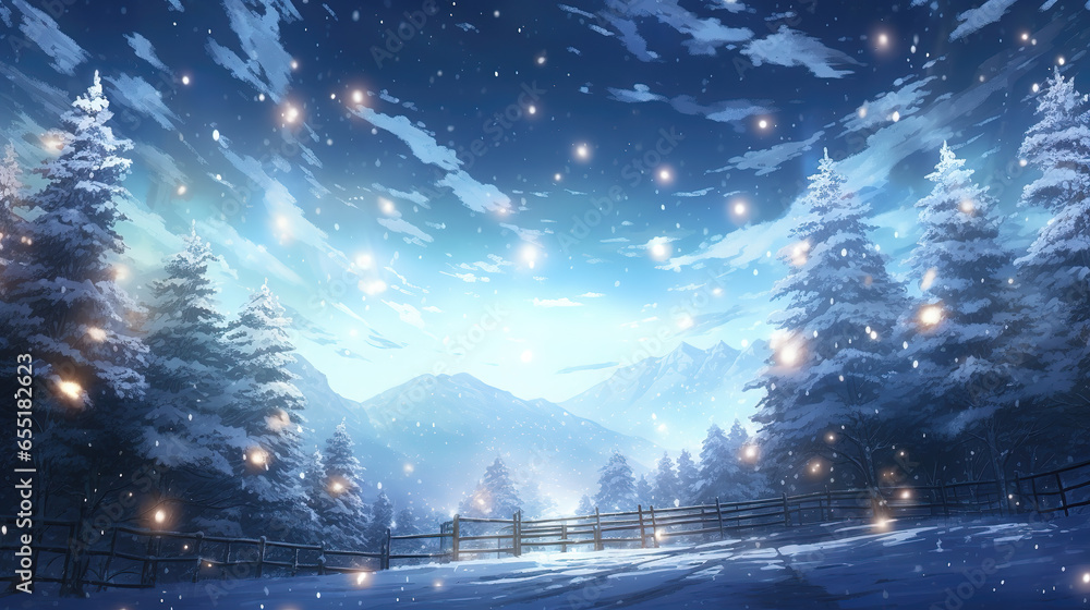 beautiful magical winter wallpaper artwork with fireflies in sky, anime manga artwork, ai generated image