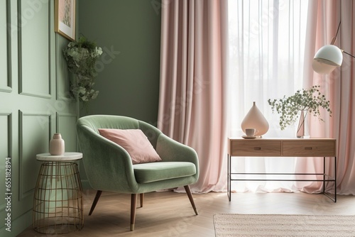 Pale green and pink room with a muted armchair. Generative AI photo