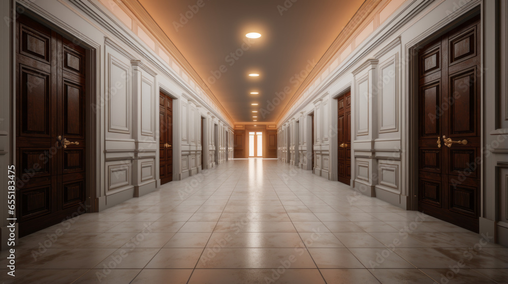 A hallway with a long line of identical doors on either side