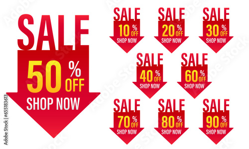 Discount price tag, Price 10 20 30 40 50 60 70 80 90 percent, red and yellow shop now promotion sticker badge set for shopping marketing, advertisement clearance, element, Vector illustration