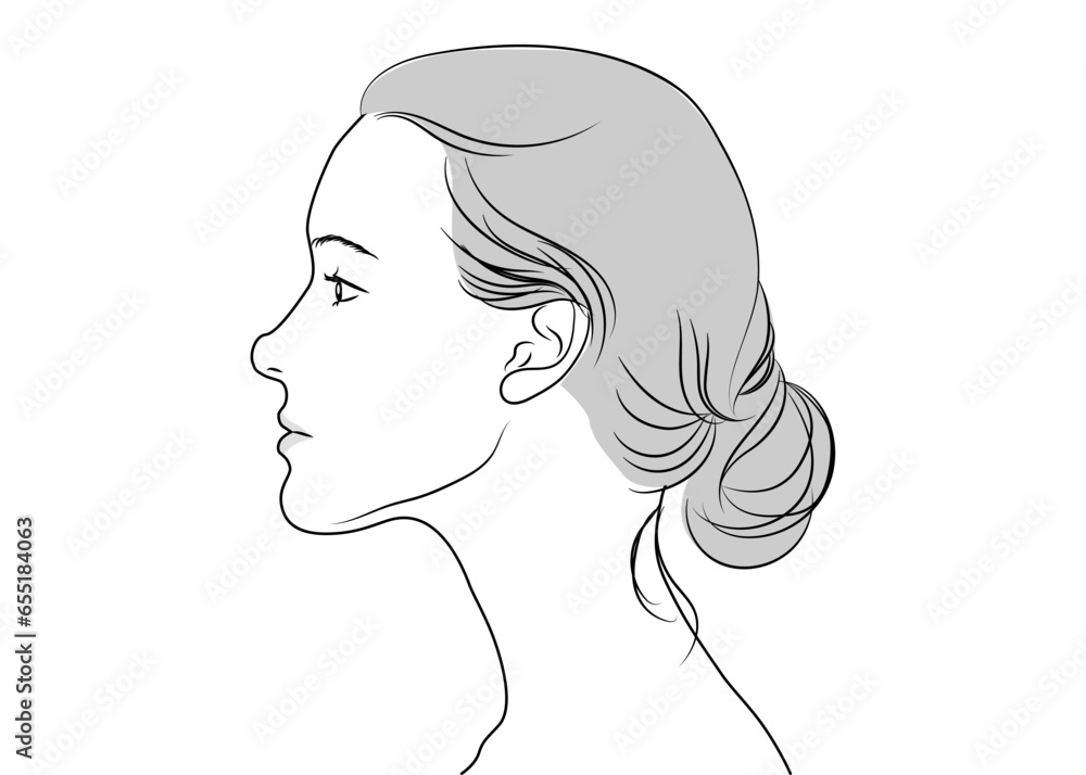 モノクロの女性の横顔  上半身 バストアップのイラスト