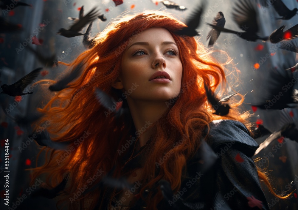 On halloween night, a mysterious redheaded woman stands amongst an array of birds, her clothing billowing in the wind, evoking a sense of freedom and power