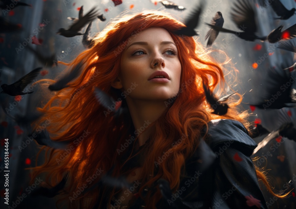 On halloween night, a mysterious redheaded woman stands amongst an array of birds, her clothing billowing in the wind, evoking a sense of freedom and power On halloween night, a mysterious redheaded woman stands amongst an array of birds, her clothing billowing in the wind, evoking a sense of freedom and power