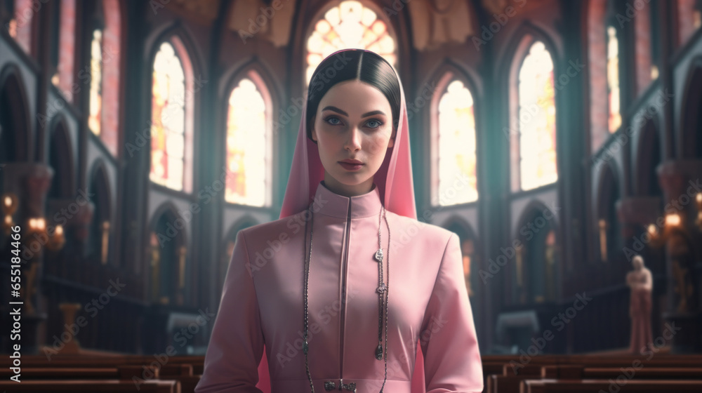 On halloween night, a woman  nun in a vibrant pink dress stands out among the dark and spooky atmosphere of the church, her bold fashion choice a sign of her confident and daring personality