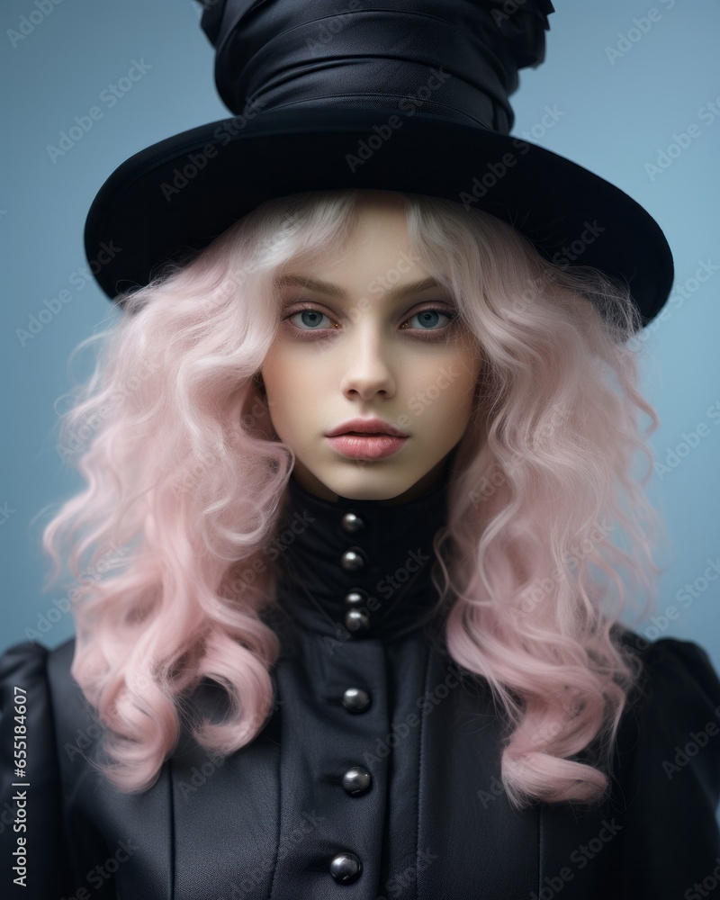 A mysterious woman with bright pink hair and a stylish black top hat, dressed for halloween in a striking fashion, poses indoors with a doll-like poise A mysterious woman with bright pink hair and a stylish black top hat, dressed for halloween in a striking fashion, poses indoors with a doll-like poise