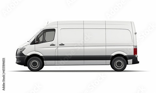 Clean blank white delivery van isolated, side view of plain car cargo carrier with large space for design, transportation logistics mockup background Ai generated, Generative AI