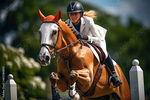 Young rider with her horse jumping a fence in a championship