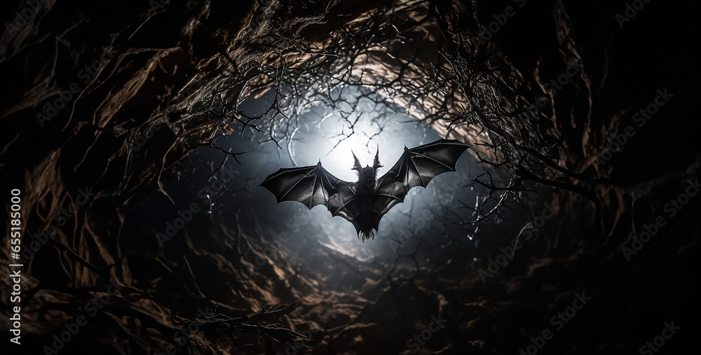 bat in the night, Hyper realistic portrait of a bat passing between two lea - obrazy, fototapety, plakaty 