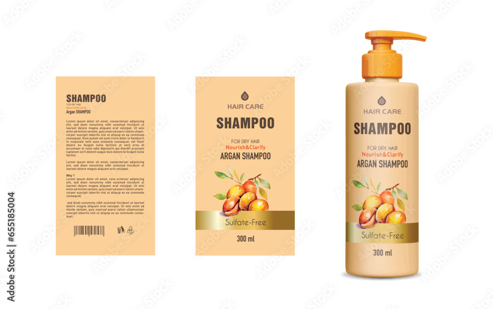 Argan oil Shampoo Label Design, Vector, Shampoo, Vector label design, EPS Package, Hair shampoo Label Design, Orange shampoo mockup and label. packaging design	
 - obrazy, fototapety, plakaty 