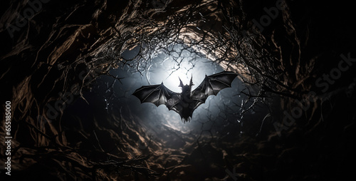 Fotótapéta bat in the night, Hyper realistic portrait of a bat passing between two lea